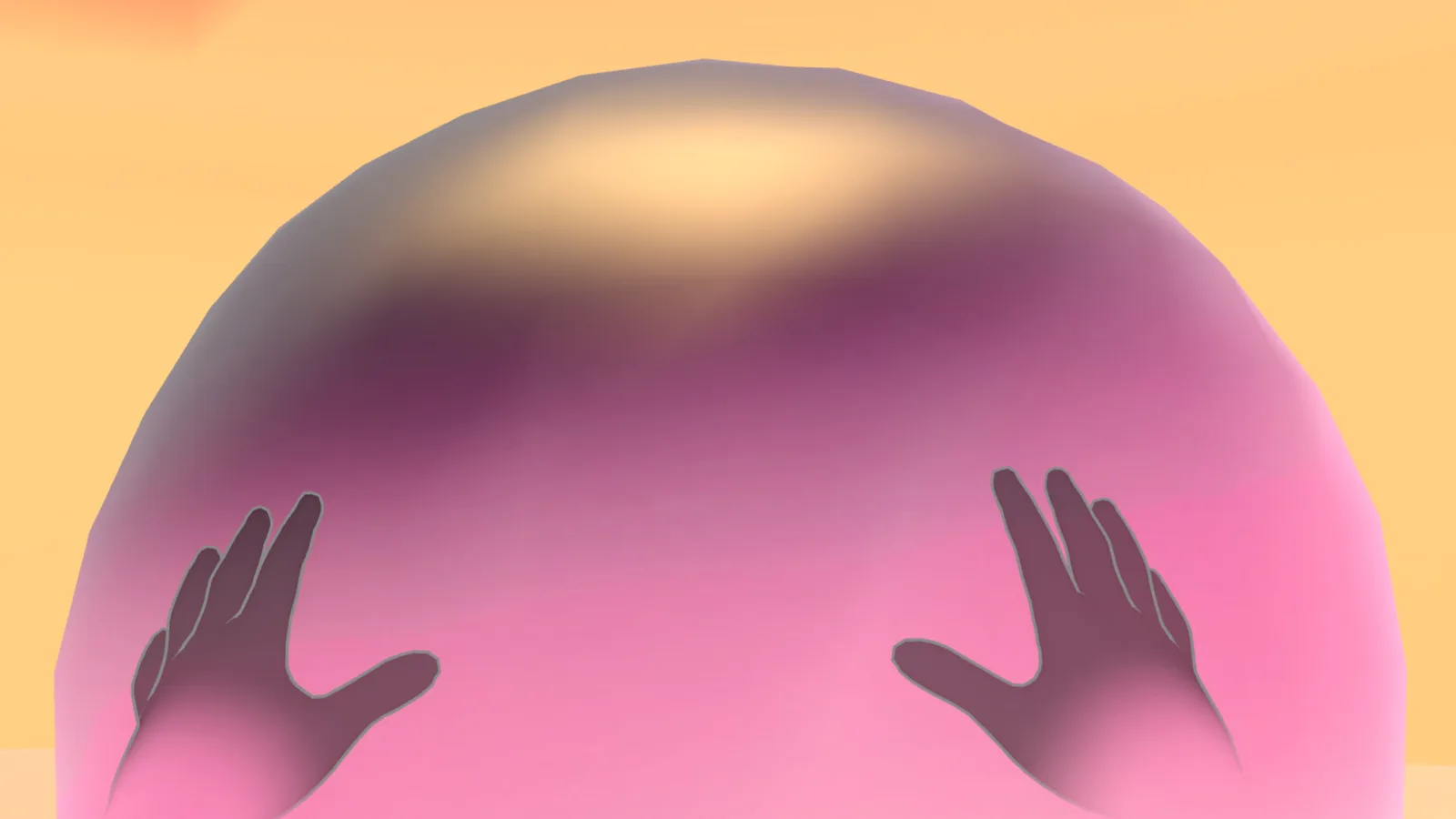 Two hands resting on a large pink orb against a warm peach sky