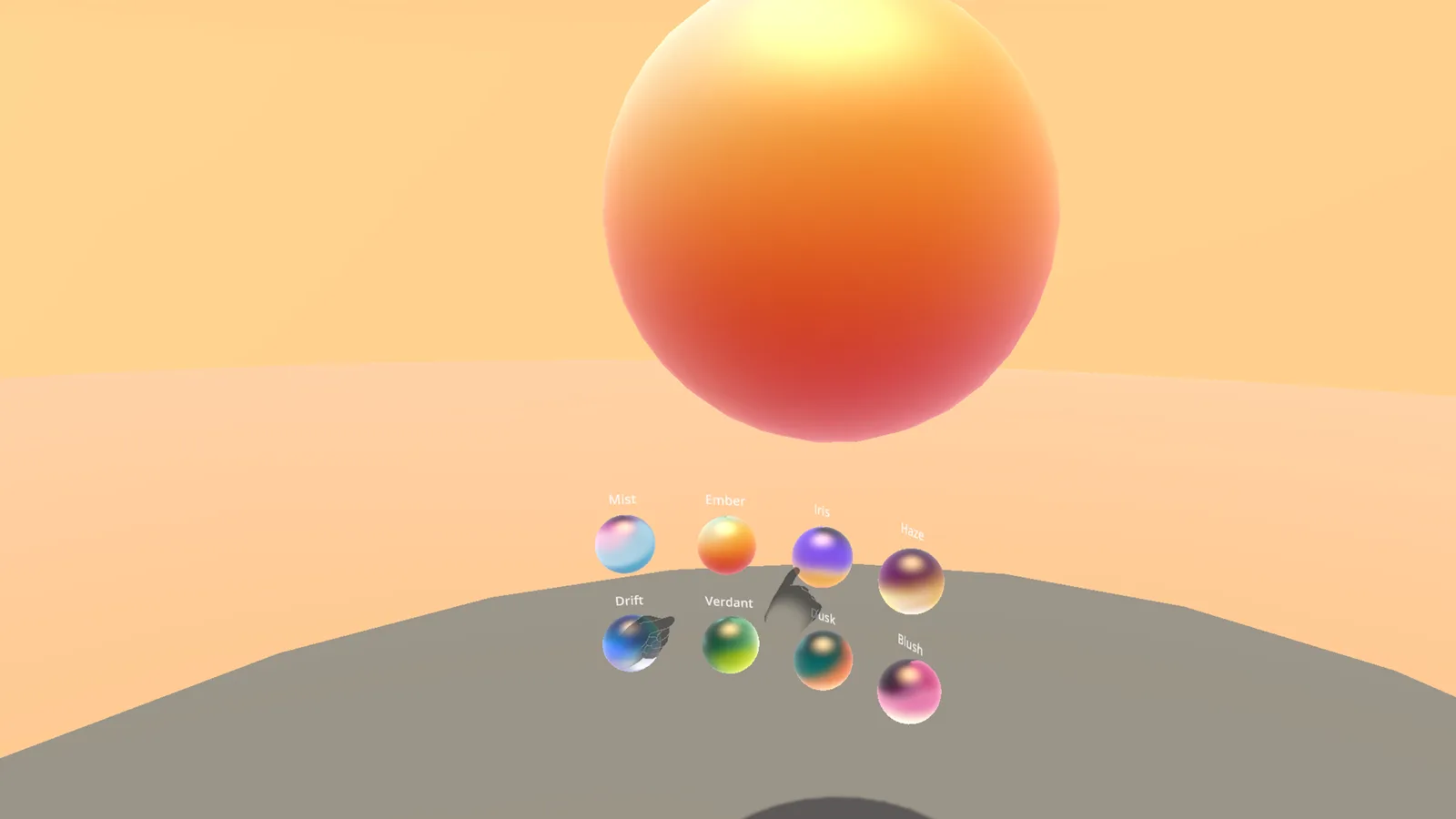 The colour palette: eight small orbs on the floor below a large glowing orange orb